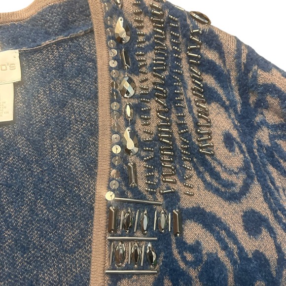 Chicos Beaded‎ Embellished Blue Tan Scroll Pattern Long Cardigan Sweater Size 1 - Picture 4 of 9